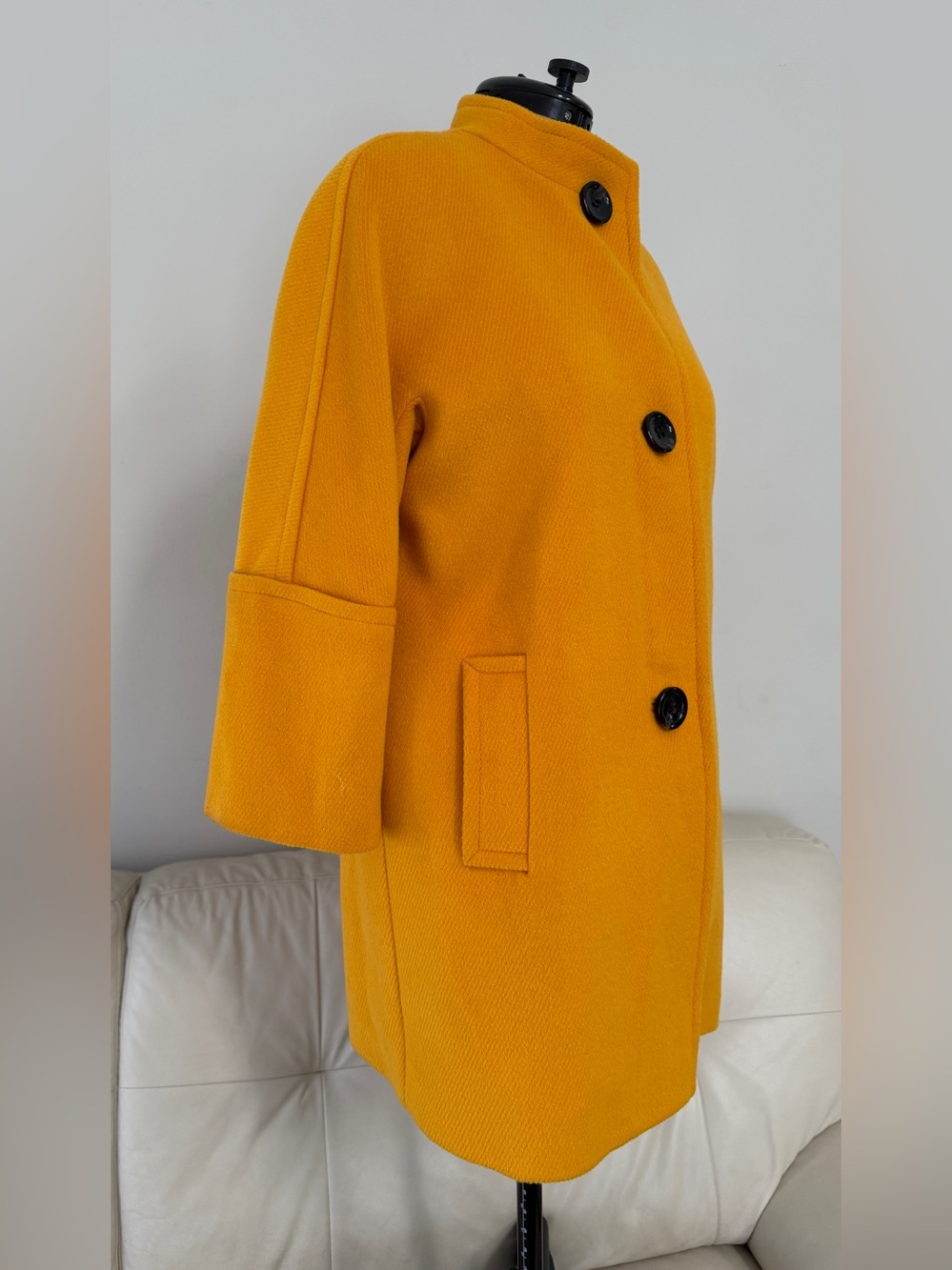 Talbots mustard yellow wool-blend coat featuring distinctive large black buttons